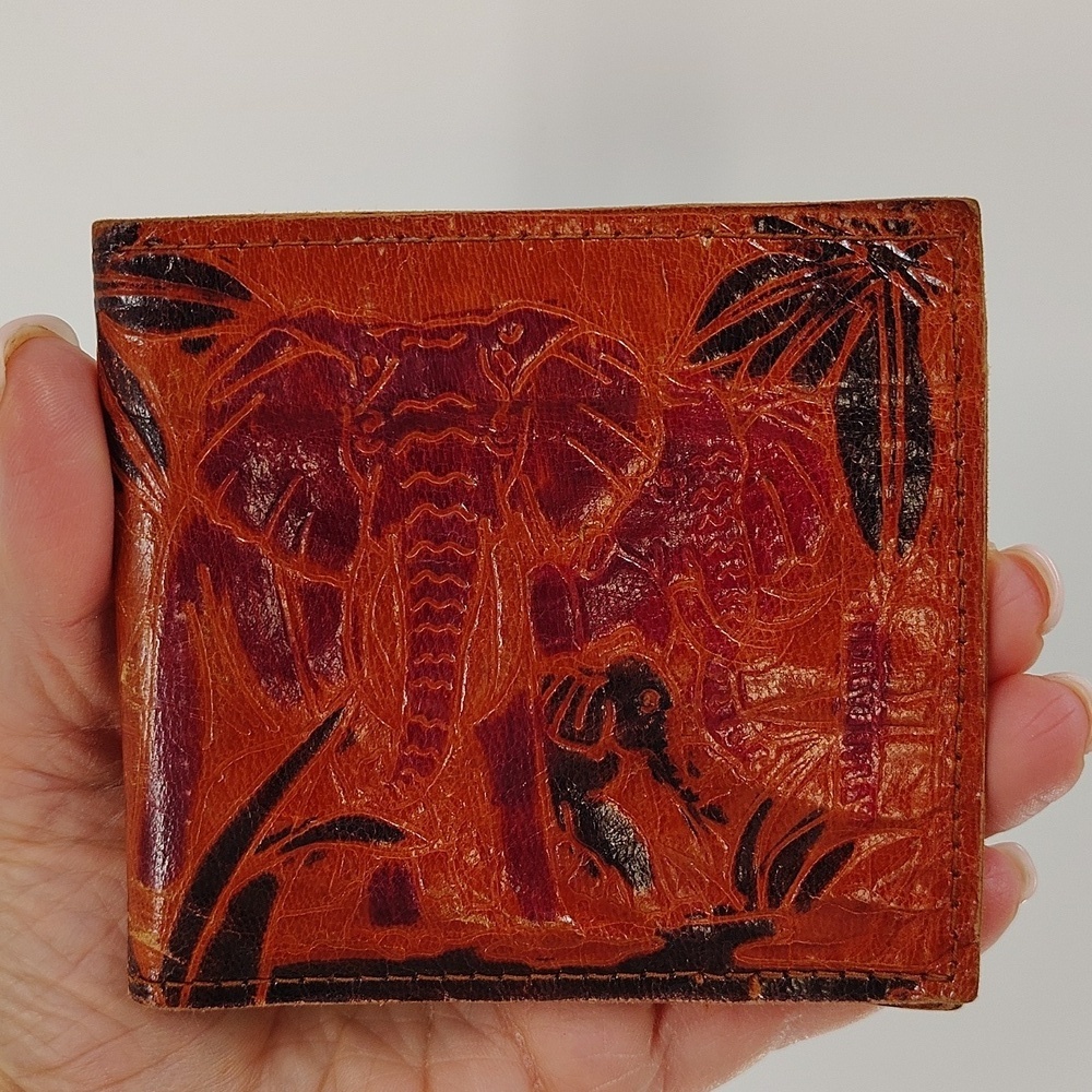 Vintage Leather Embossed Elephant Wallet Coin & Bill Bilfold Handcrafted India